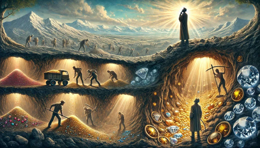 Job kuvailee, kuinka ihmiset voivat löytää jalokiviä ja aarteita maan uumenista, mutta todellista viisautta ei voi löytää maan päältä.